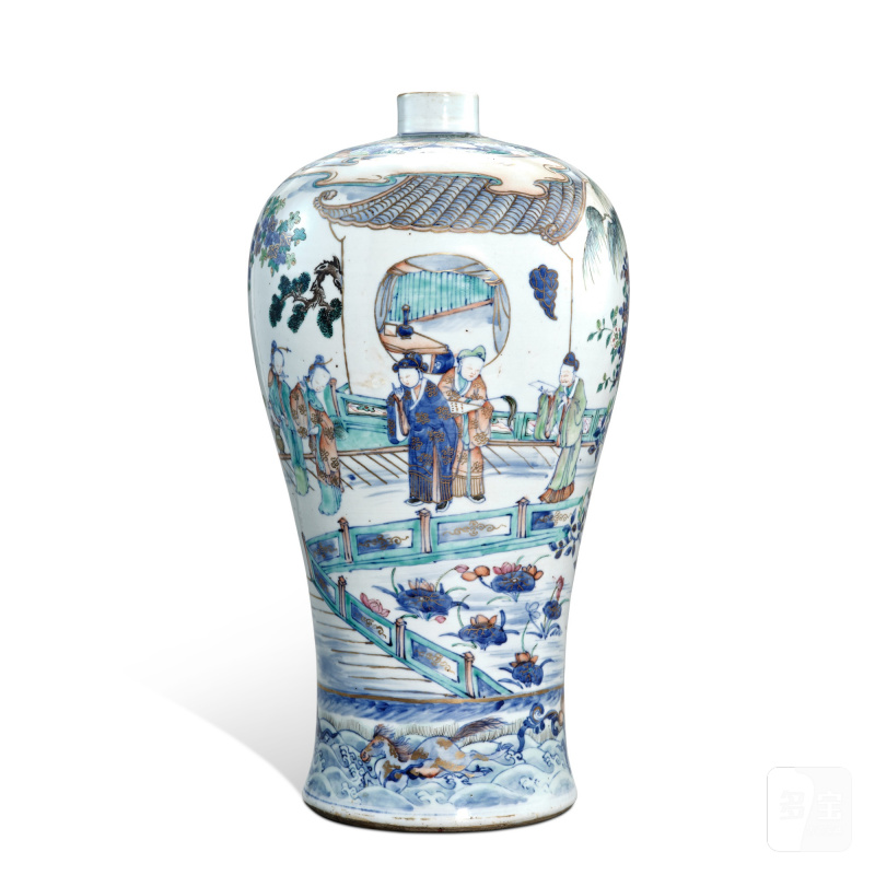 A gilt-decorated wucai 'Romance of Western Chamber' vase, meiping, Qing dynasty, Kangxi period | 清康熙 五彩描金西廂記梅瓶 - 图1